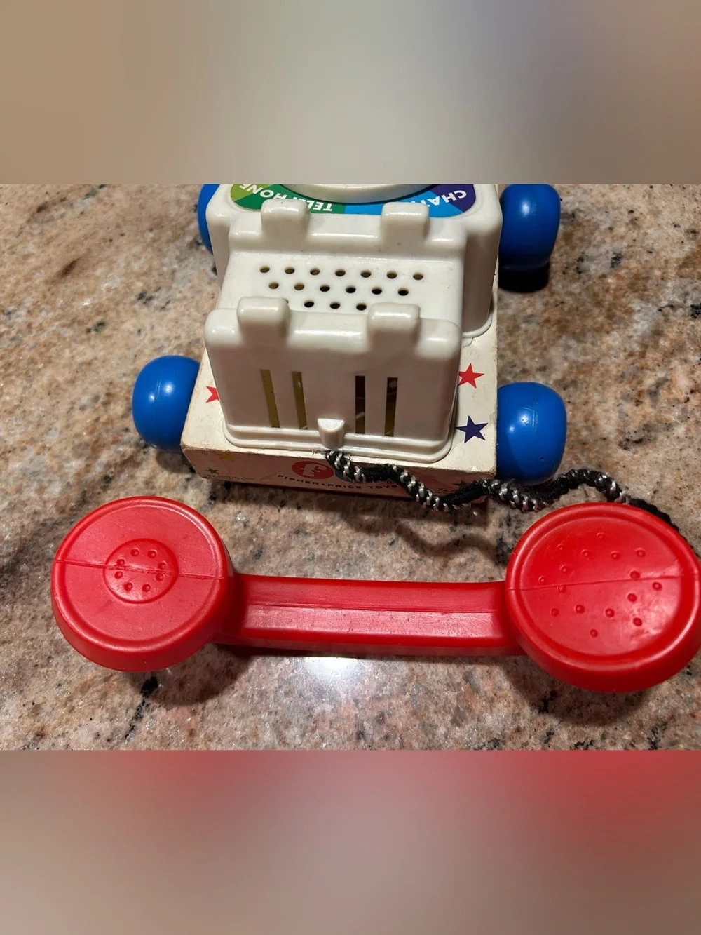 Fisher-Price #747 Wooden Rotary Chatter Pull-Along Phone Toy Vintage Eyes Move!